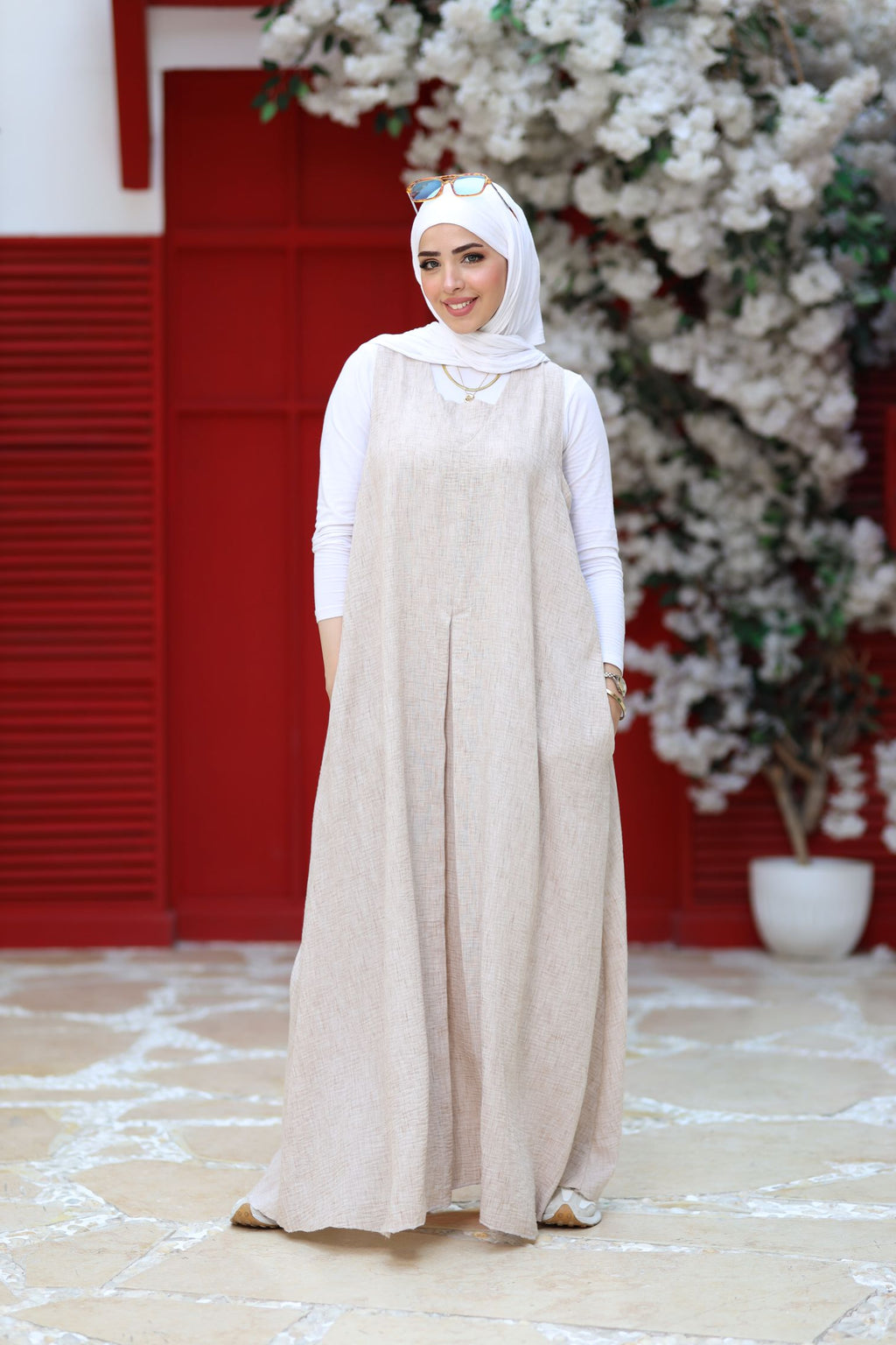 Beige Linen Modest Maxi Dress – Sleeveless A-Line Abaya Layering Piece, Lightweight Summer Linen Dress
