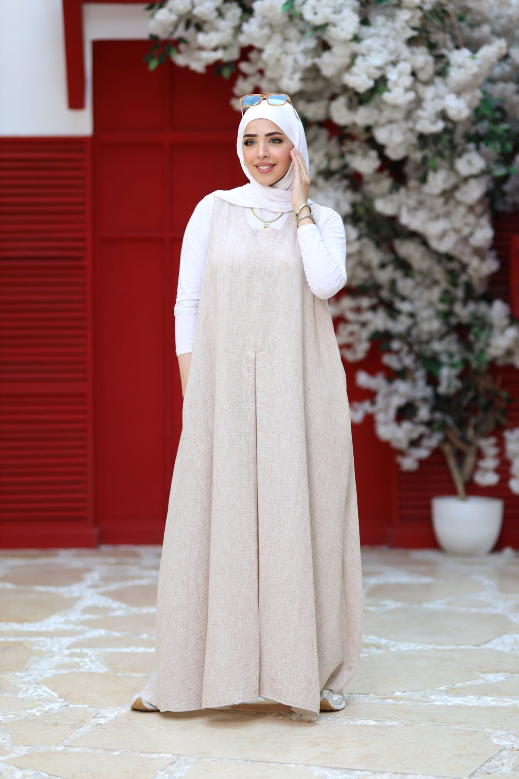 Beige Linen Modest Maxi Dress – Sleeveless A-Line Abaya Layering Piece, Lightweight Summer Linen Dress