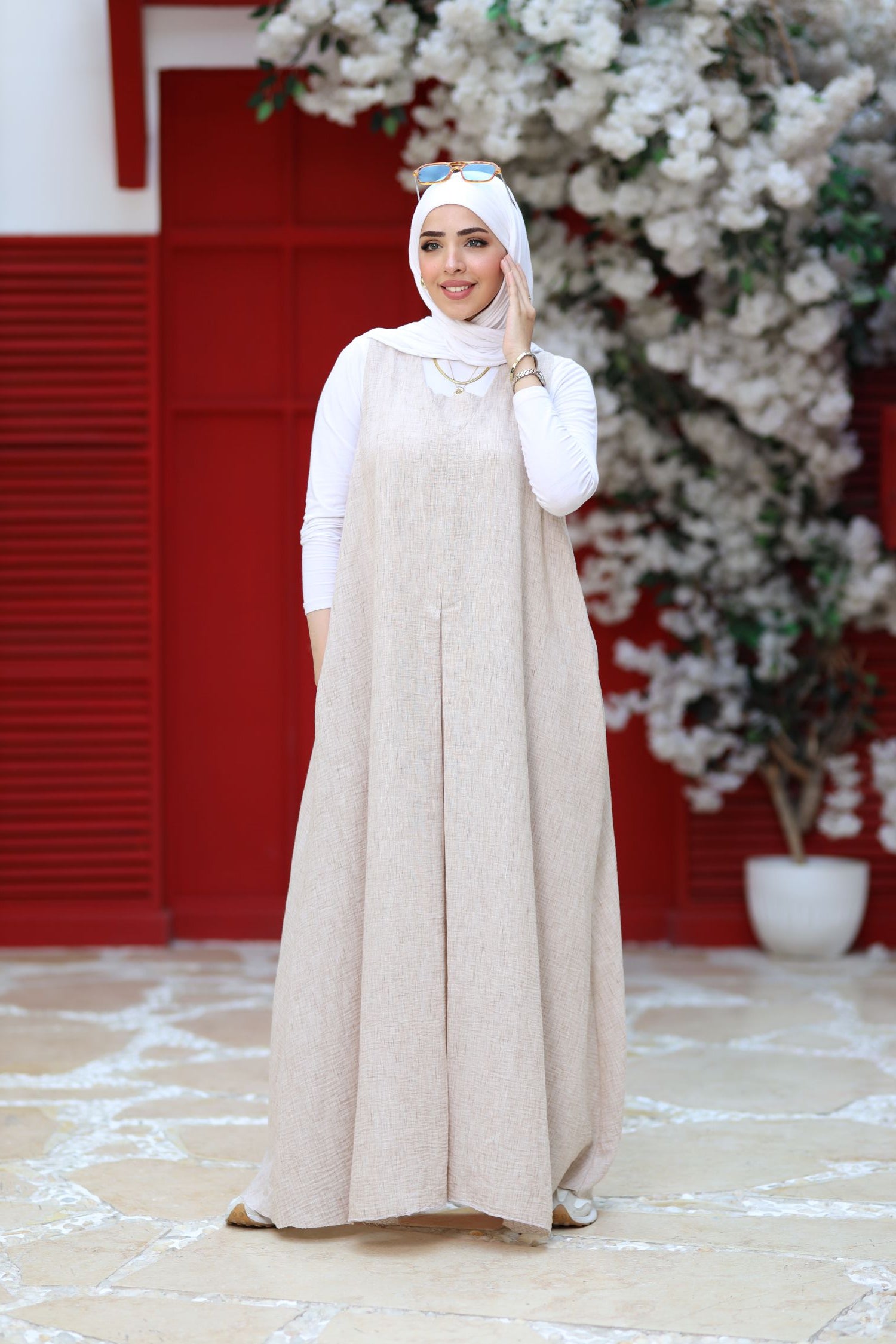 Beige Linen Modest Maxi Dress – Sleeveless A-Line Abaya Layering Piece, Lightweight Summer Linen Dress