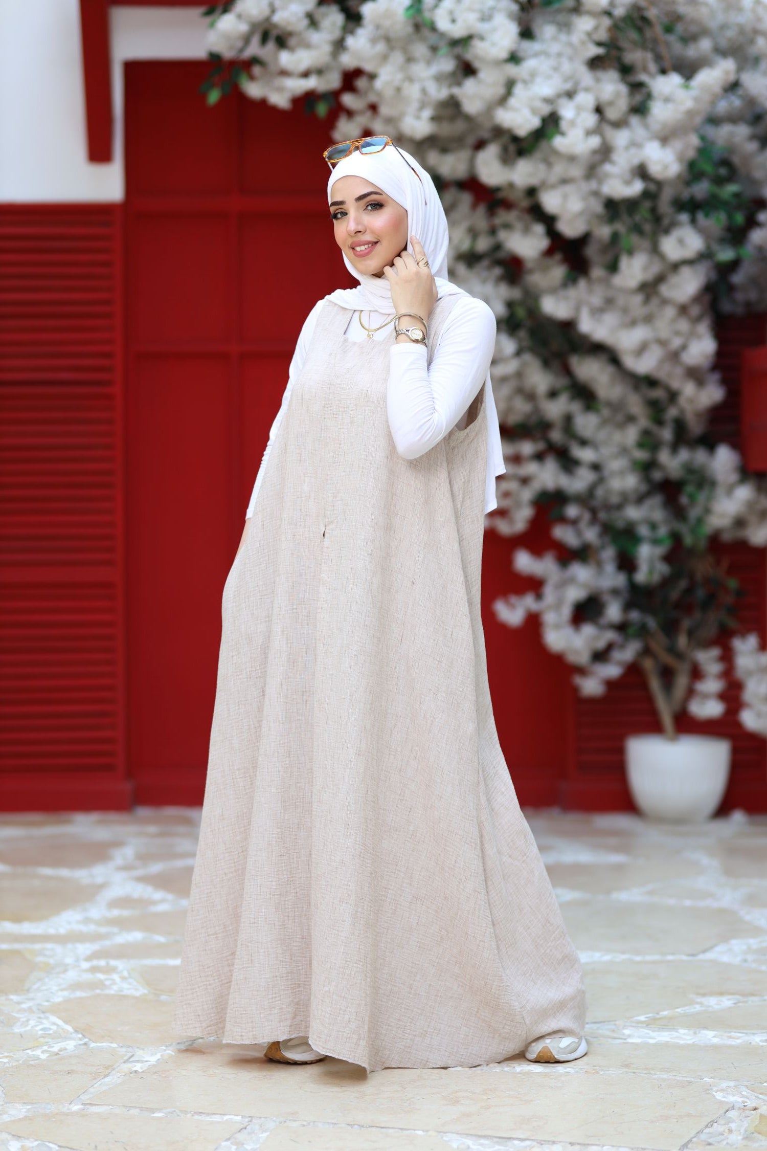 Beige Linen Modest Maxi Dress – Sleeveless A-Line Abaya Layering Piece, Lightweight Summer Linen Dress