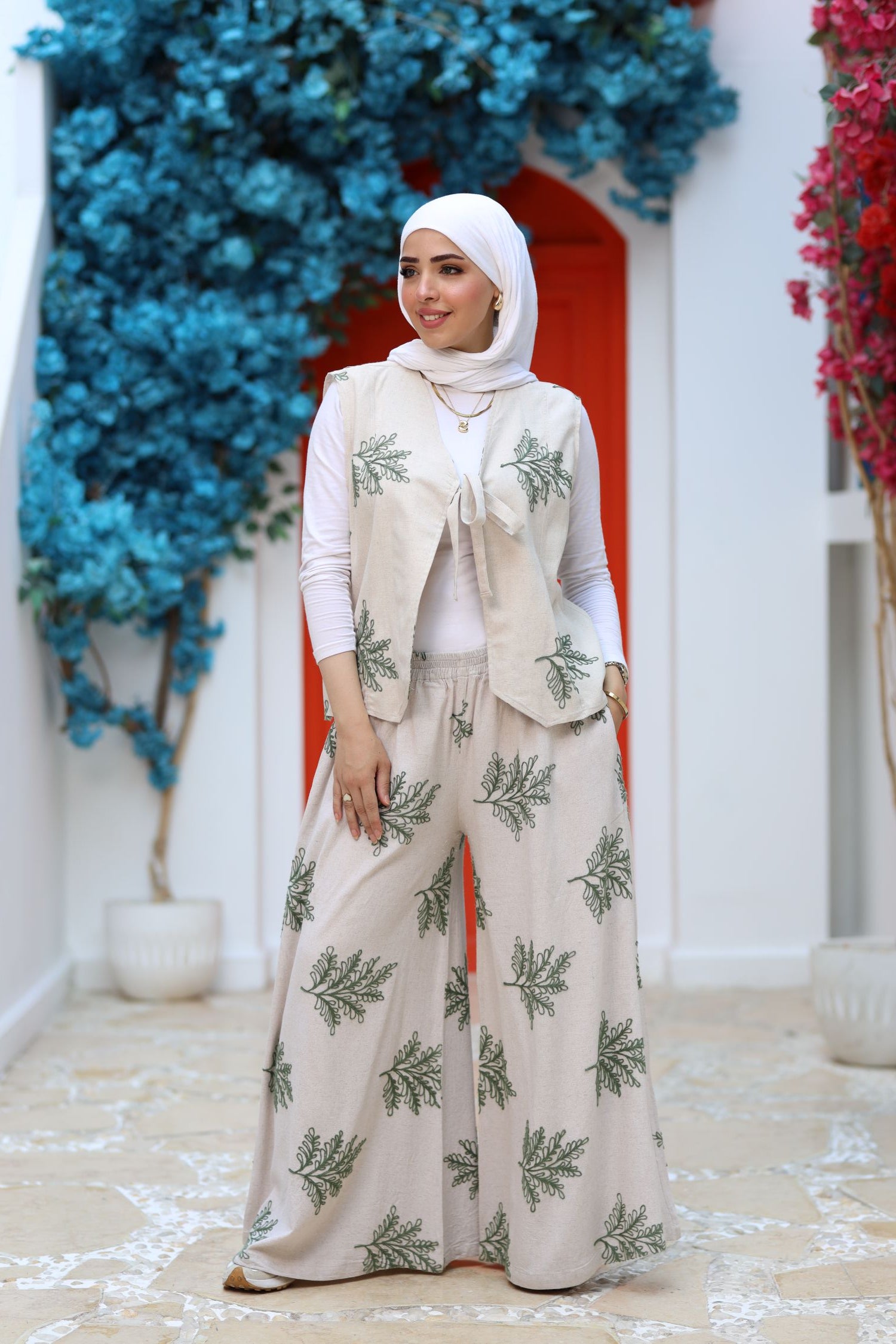 Beige Linen Two-Piece Set – Embroidered Wide-Leg Pants & Tie-Front Vest, Modest Summer Outfit