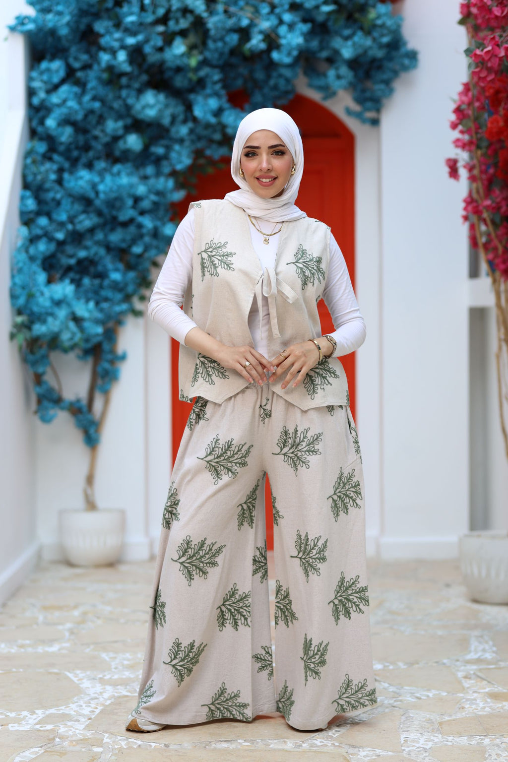 Beige Linen Two-Piece Set – Embroidered Wide-Leg Pants & Tie-Front Vest, Modest Summer Outfit