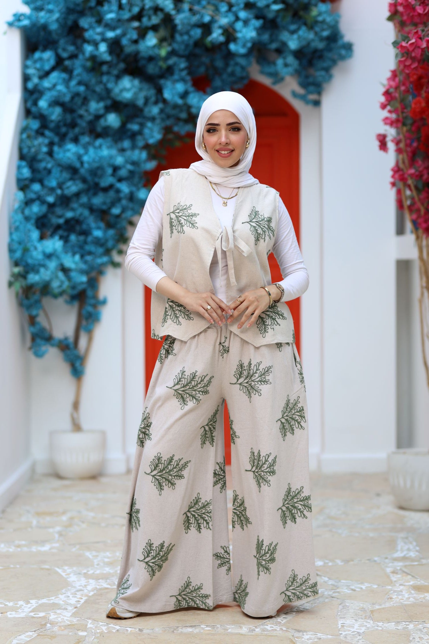 Beige Linen Two-Piece Set – Embroidered Wide-Leg Pants & Tie-Front Vest, Modest Summer Outfit