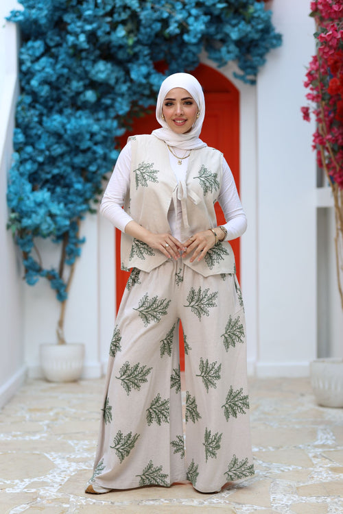 Beige Linen Two-Piece Set – Embroidered Wide-Leg Pants & Tie-Front Vest, Modest Summer Outfit