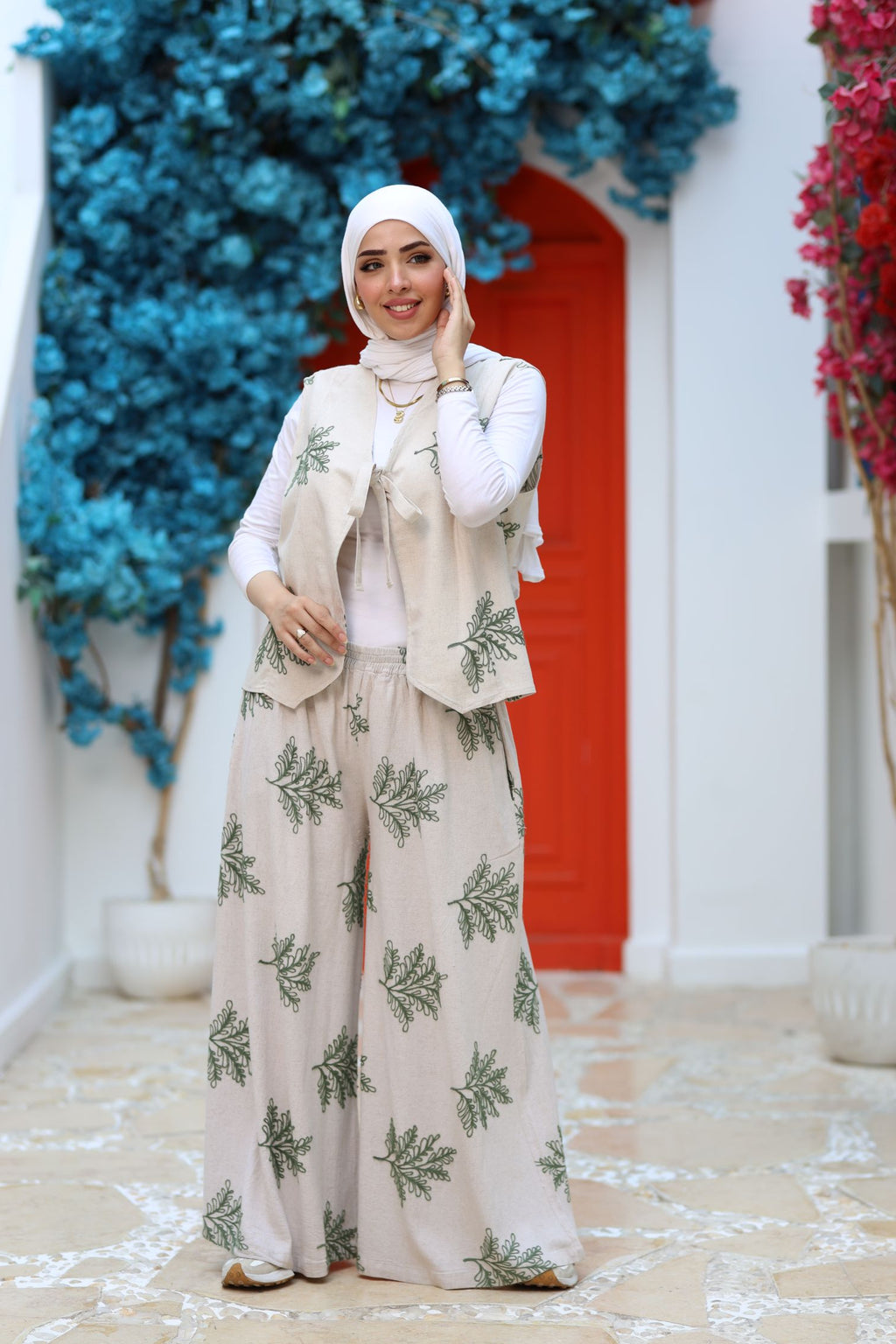 Beige Linen Two-Piece Set – Embroidered Wide-Leg Pants & Tie-Front Vest, Modest Summer Outfit