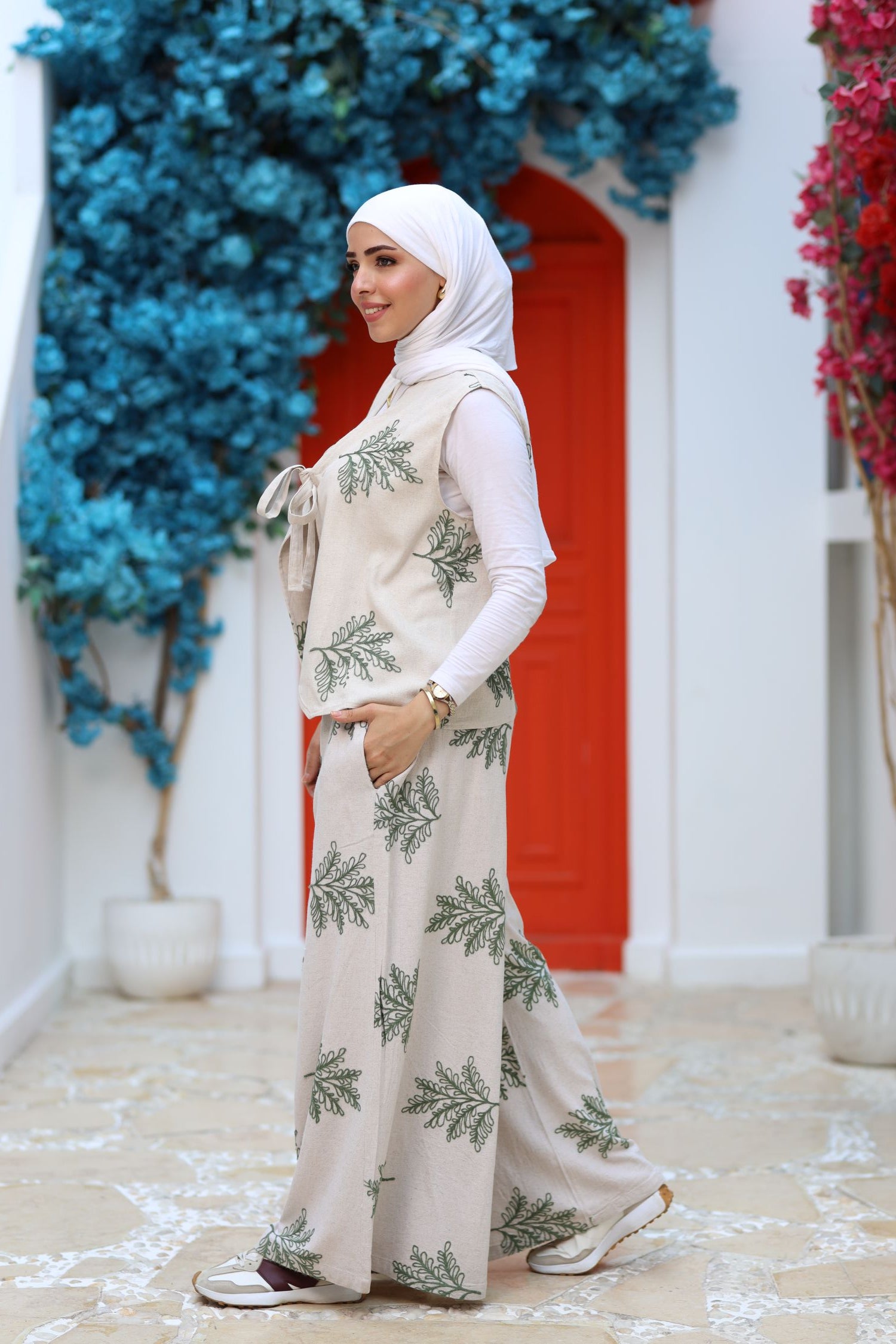Beige Linen Two-Piece Set – Embroidered Wide-Leg Pants & Tie-Front Vest, Modest Summer Outfit