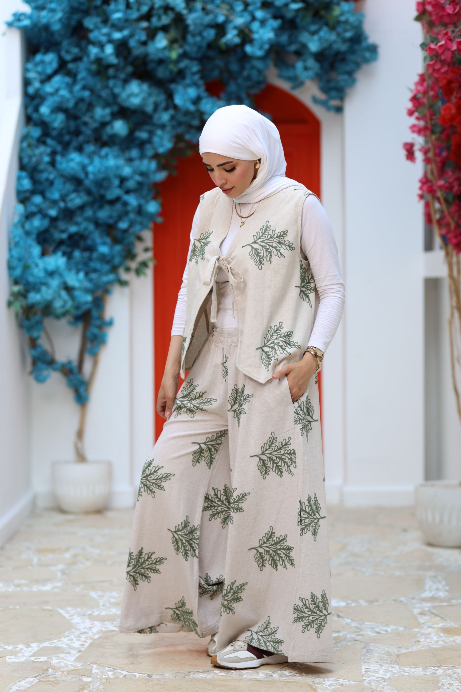 Beige Linen Two-Piece Set – Embroidered Wide-Leg Pants & Tie-Front Vest, Modest Summer Outfit