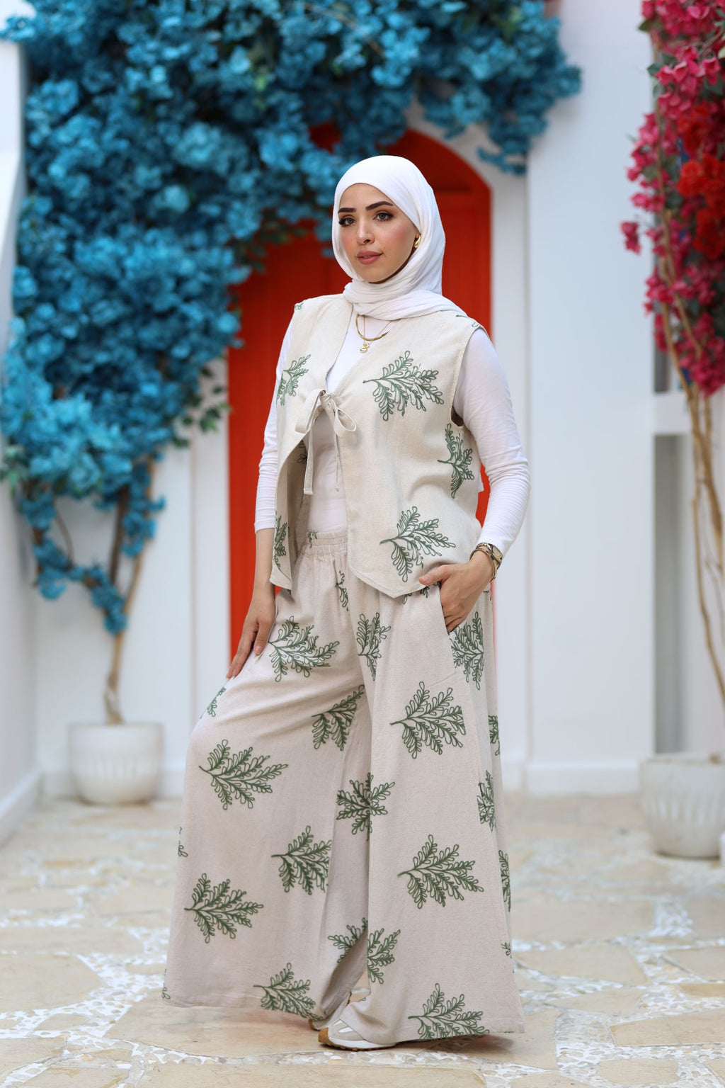 Beige Linen Two-Piece Set – Embroidered Wide-Leg Pants & Tie-Front Vest, Modest Summer Outfit