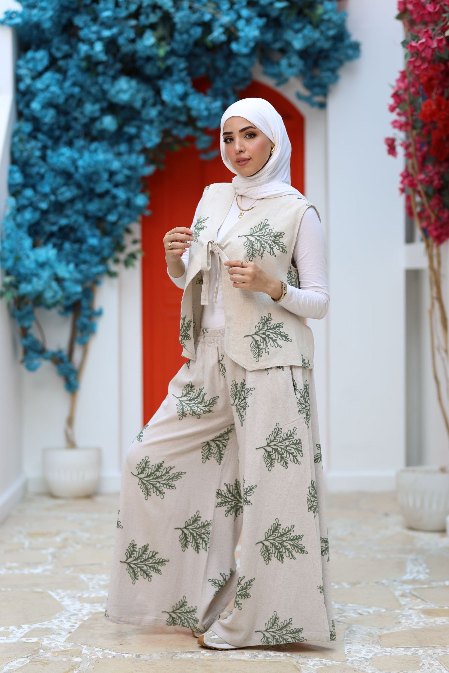Beige Linen Two-Piece Set – Embroidered Wide-Leg Pants & Tie-Front Vest, Modest Summer Outfit