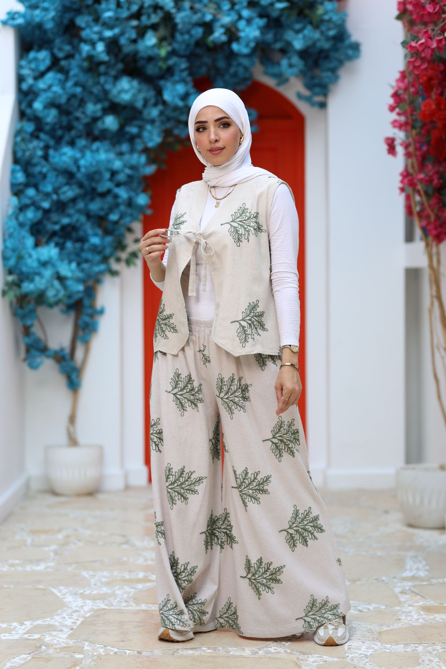 Beige Linen Two-Piece Set – Embroidered Wide-Leg Pants & Tie-Front Vest, Modest Summer Outfit