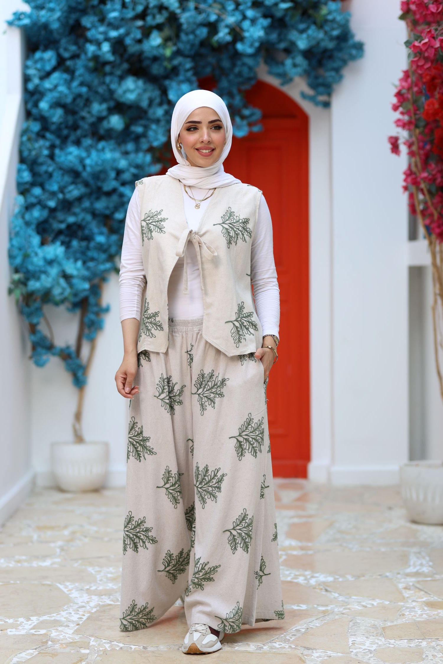 Beige Linen Two-Piece Set – Embroidered Wide-Leg Pants & Tie-Front Vest, Modest Summer Outfit