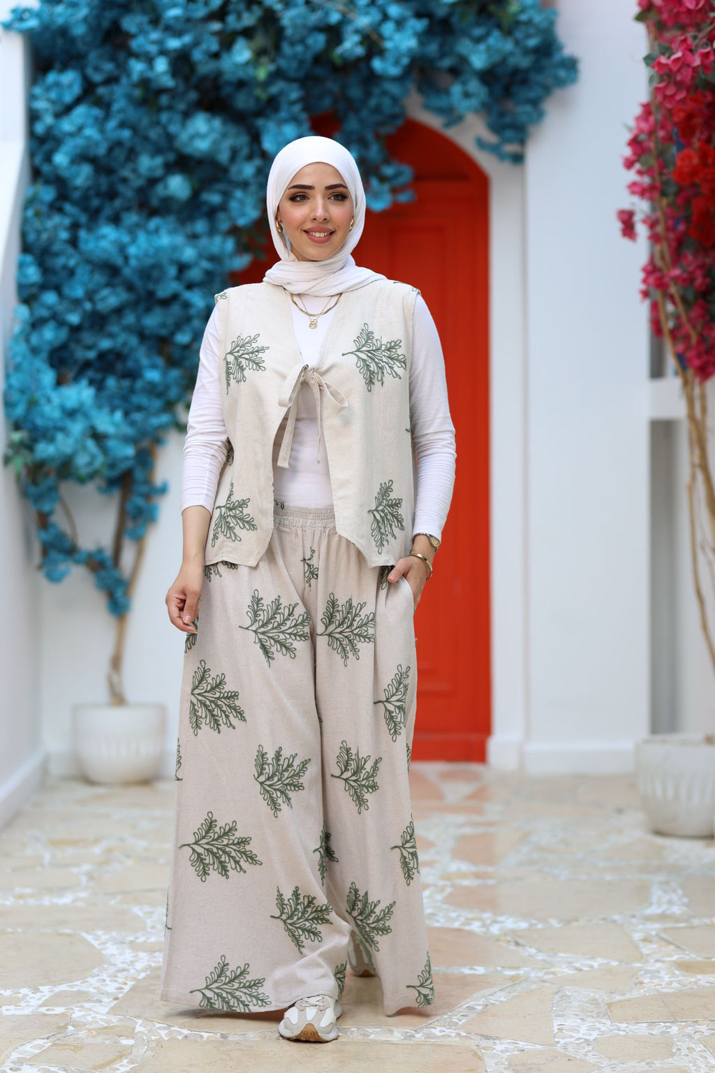 Beige Linen Two-Piece Set – Embroidered Wide-Leg Pants & Tie-Front Vest, Modest Summer Outfit