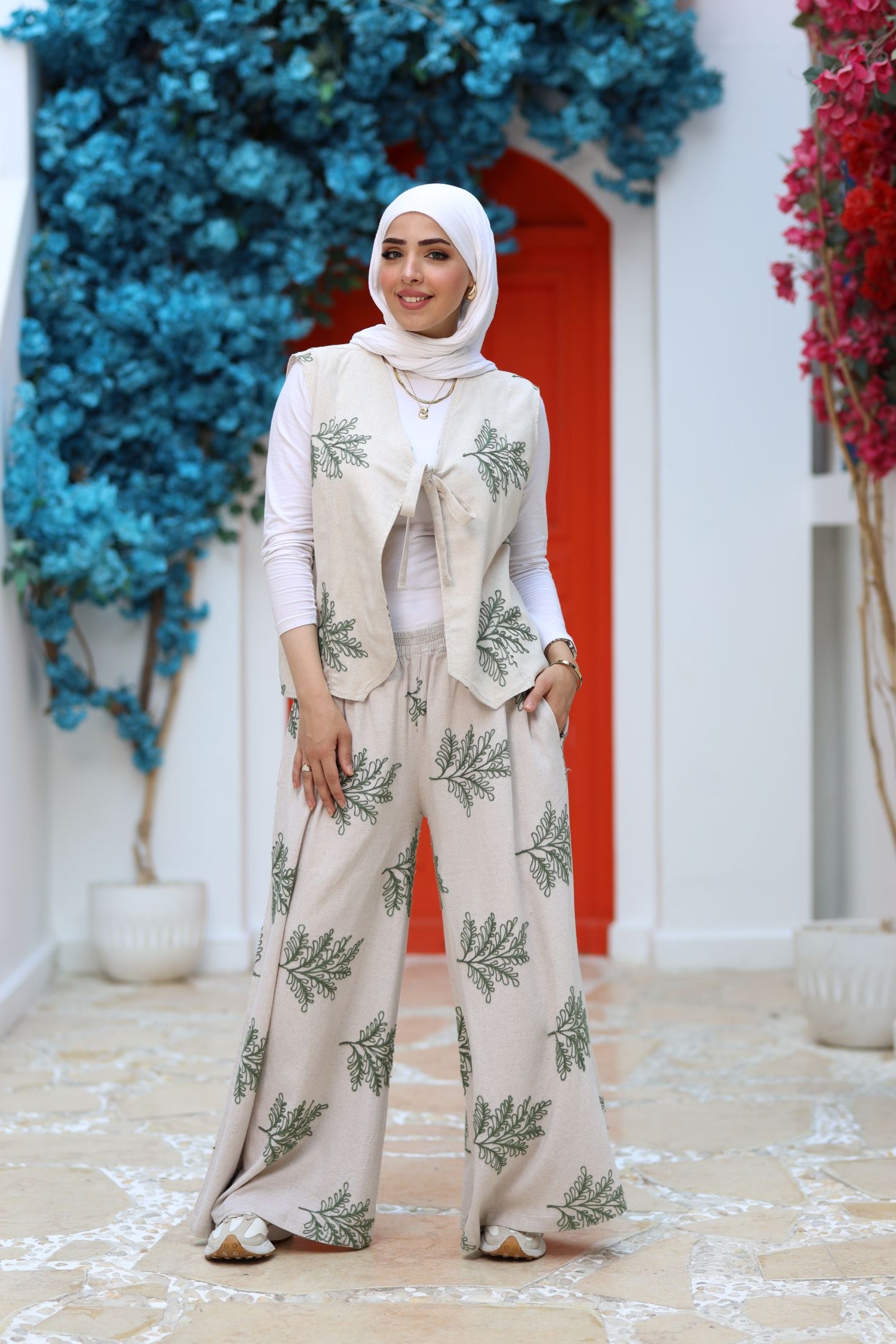 Beige Linen Two-Piece Set – Embroidered Wide-Leg Pants & Tie-Front Vest, Modest Summer Outfit