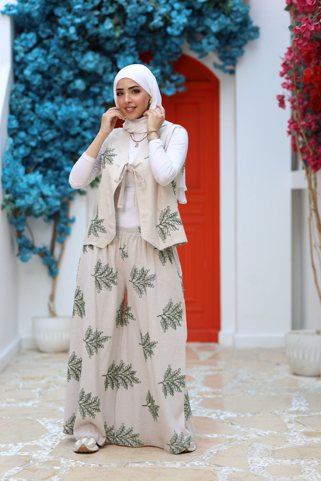 Beige Linen Two-Piece Set – Embroidered Wide-Leg Pants & Tie-Front Vest, Modest Summer Outfit