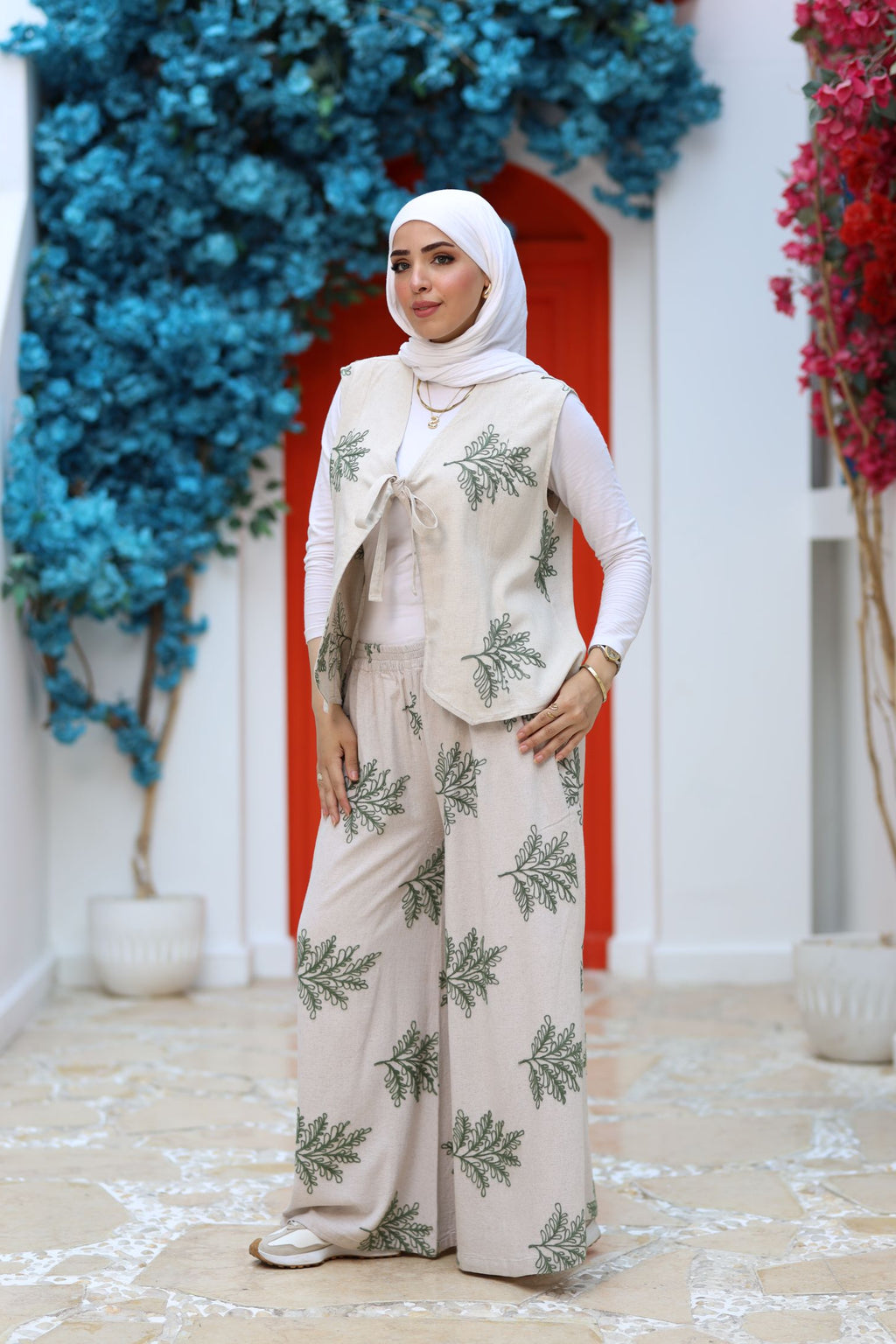 Beige Linen Two-Piece Set – Embroidered Wide-Leg Pants & Tie-Front Vest, Modest Summer Outfit