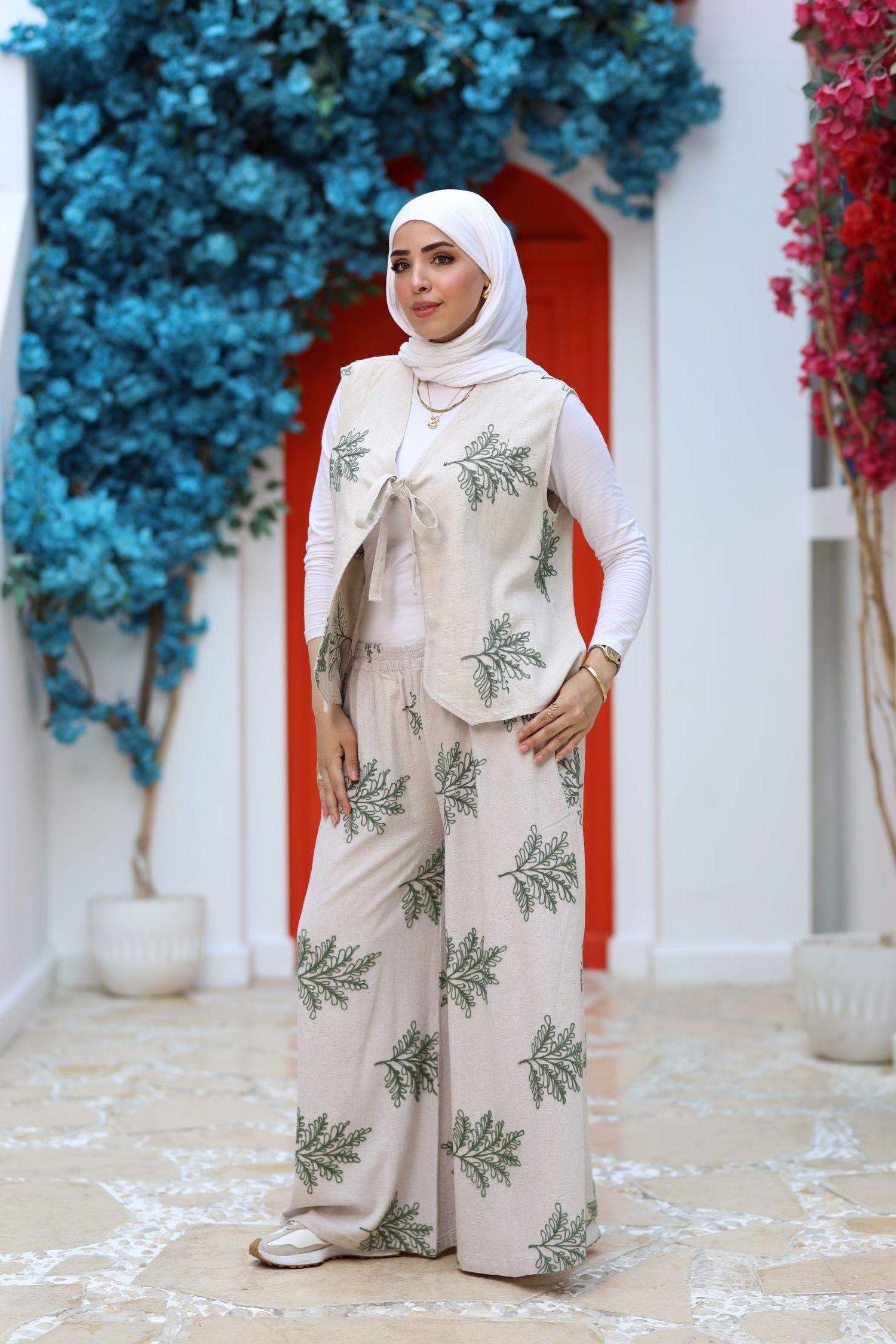 Beige Linen Two-Piece Set – Embroidered Wide-Leg Pants & Tie-Front Vest, Modest Summer Outfit