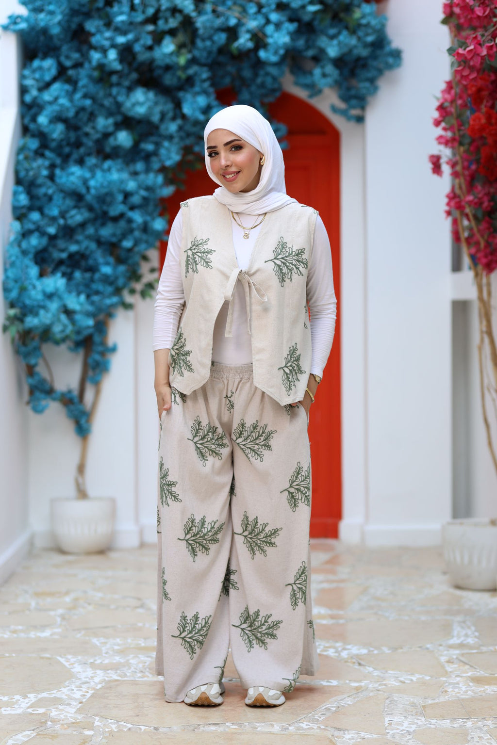 Beige Linen Two-Piece Set – Embroidered Wide-Leg Pants & Tie-Front Vest, Modest Summer Outfit