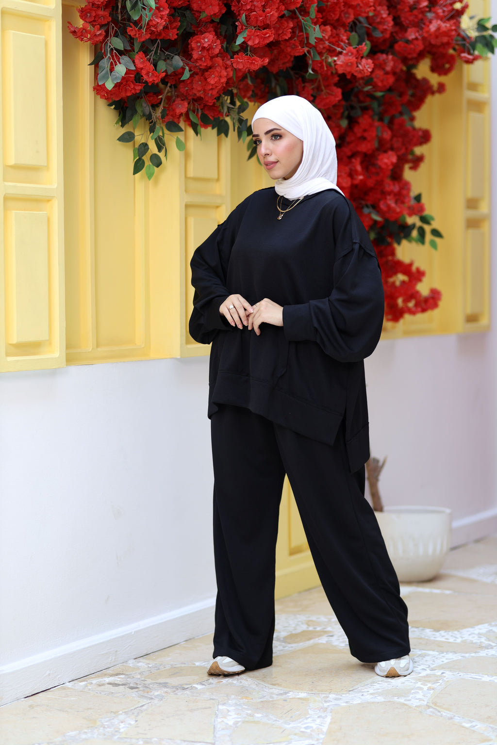 Black Textured Modest Lounge Set | Oversized Top & Wide-Leg Pants | Revert