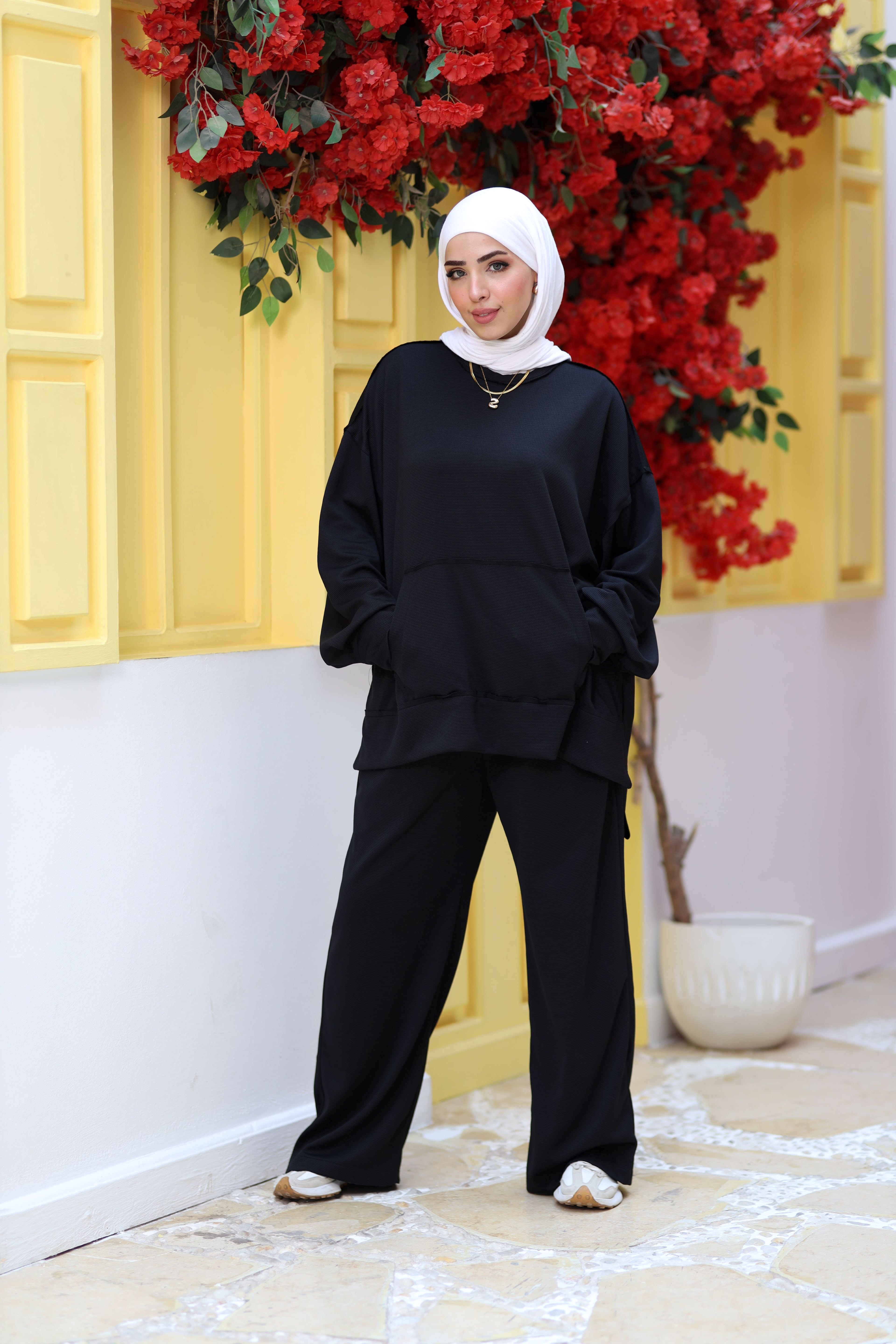 Black Textured Modest Lounge Set | Oversized Top & Wide-Leg Pants | Revert