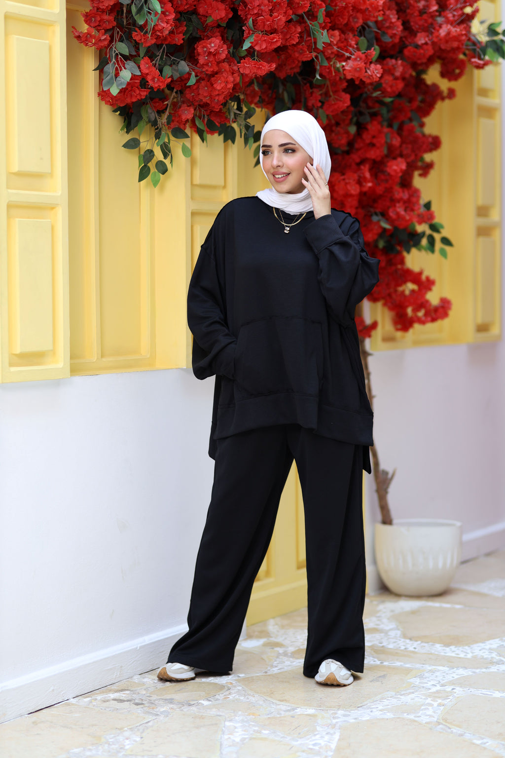 Black Textured Modest Lounge Set | Oversized Top & Wide-Leg Pants | Revert
