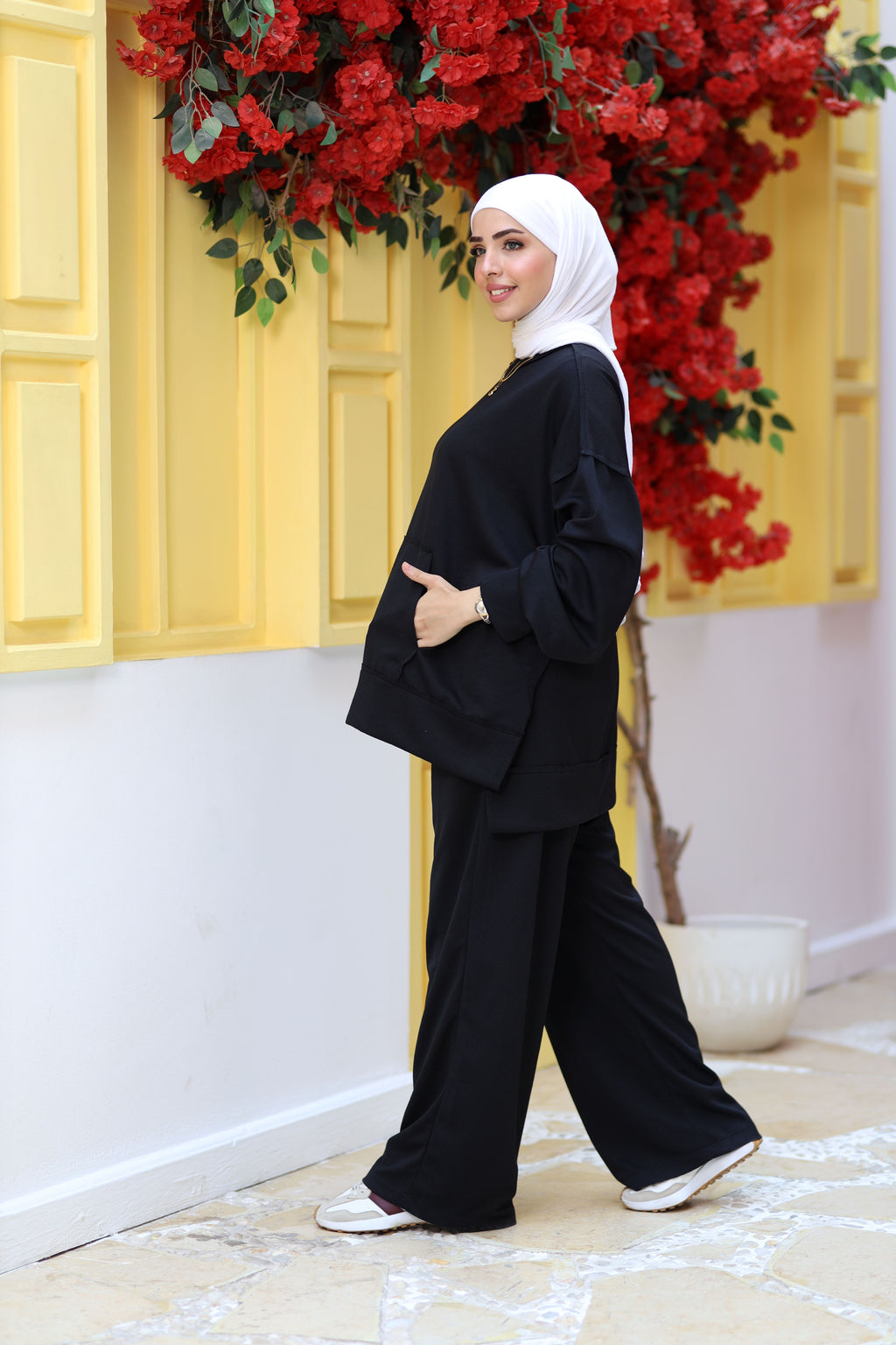 Black Textured Modest Lounge Set | Oversized Top & Wide-Leg Pants | Revert