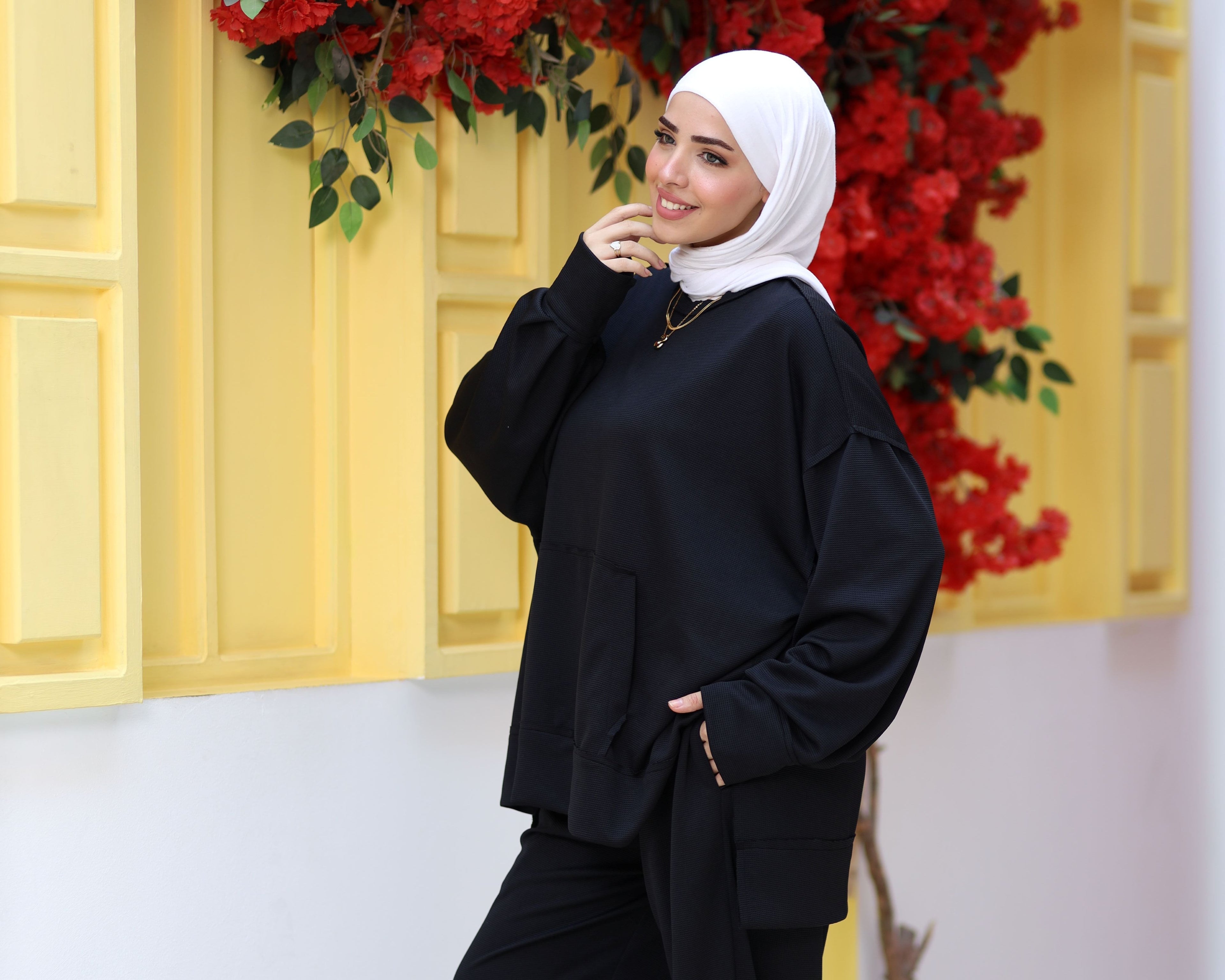 Black Textured Modest Lounge Set | Oversized Top & Wide-Leg Pants | Revert