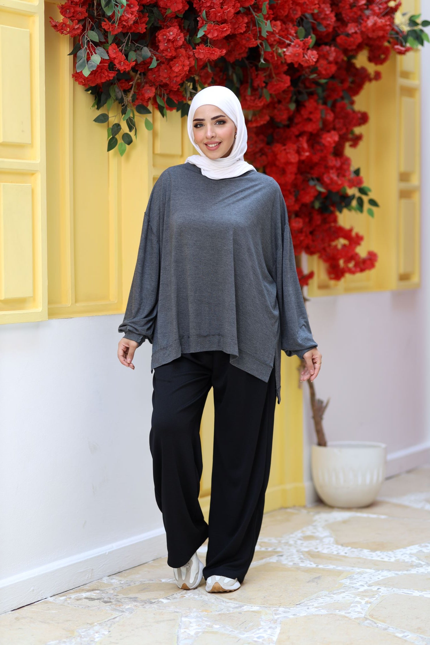 Grey Oversized Long Sleeve Top – Modest Loose-Fit Sweatshirt, Lightweight Comfy Everyday Layering Piece