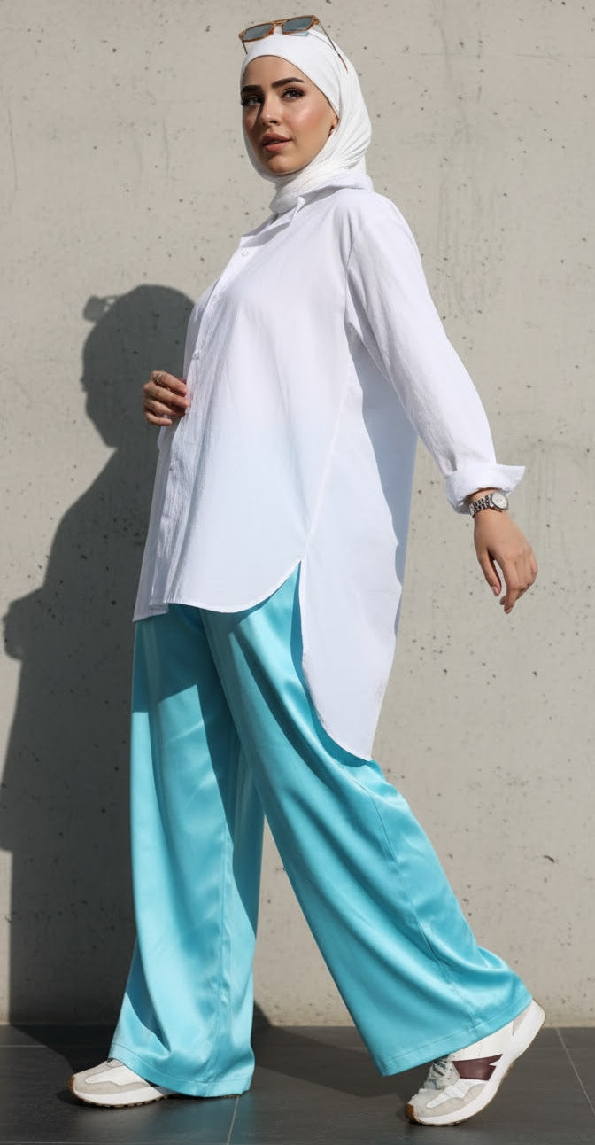 Aquamarine Satin Wide-Leg Pants – High-Waisted Flowy Modest Summer Trousers