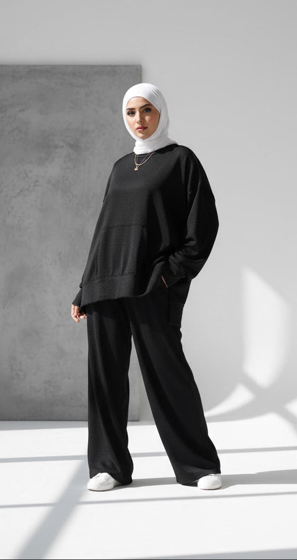 Black Textured Modest Lounge Set | Oversized Top & Wide-Leg Pants