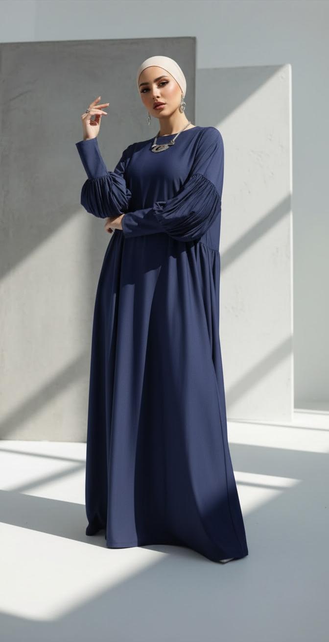 Puffy Sleeve Modest Maxi Dress – Premium Flow & Comfort - Navy Blue | Revert