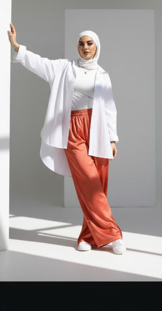 Brick Orange Satin Wide-Leg Pants High-Waist Modest Trousers, Lightweight Summer Bottoms | Revert