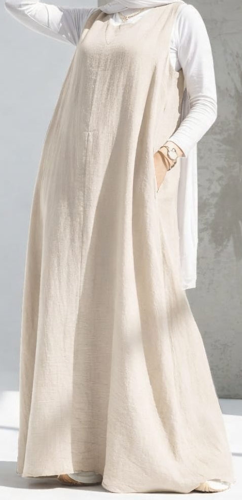 Beige Linen Modest Maxi Dress