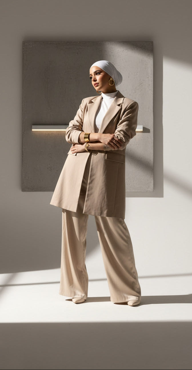 Beige Tailored Suit Set with Freesize Satin Pants | Revert