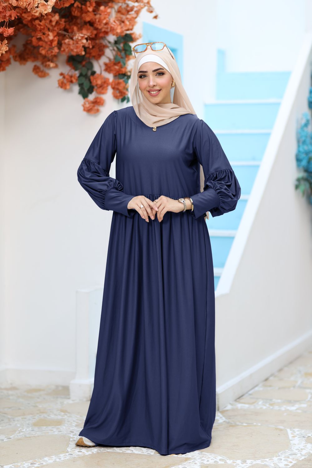 Puffy Sleeve Modest Maxi Dress – Premium Flow & Comfort - Navy Blue | Revert
