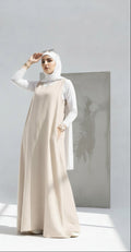 Beige Linen Modest Maxi Dress – Sleeveless A-Line Abaya Layering Piece, Lightweight Summer Linen Dress