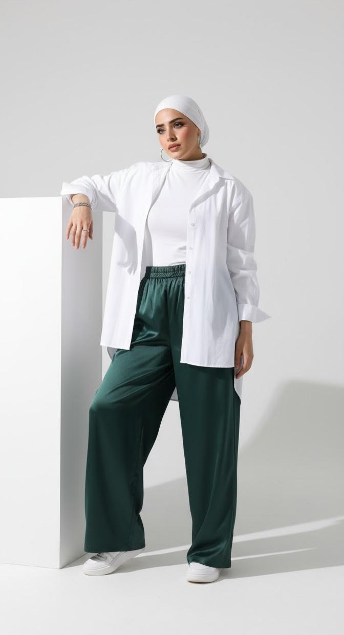 Dark Green Satin Wide-Leg Pants High-Waist Modest Trousers, Lightweight Summer Bottoms | Revert