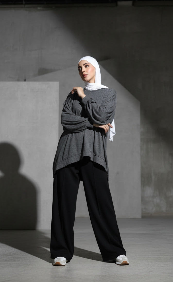 Grey Over-sized Long Sleeve Top – Modest Comfort Elevated
