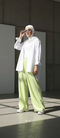 Lime Satin Wide-Leg Pants – High-Waist Flowy Modest Trousers, Lightweight Summer Satin Bottoms