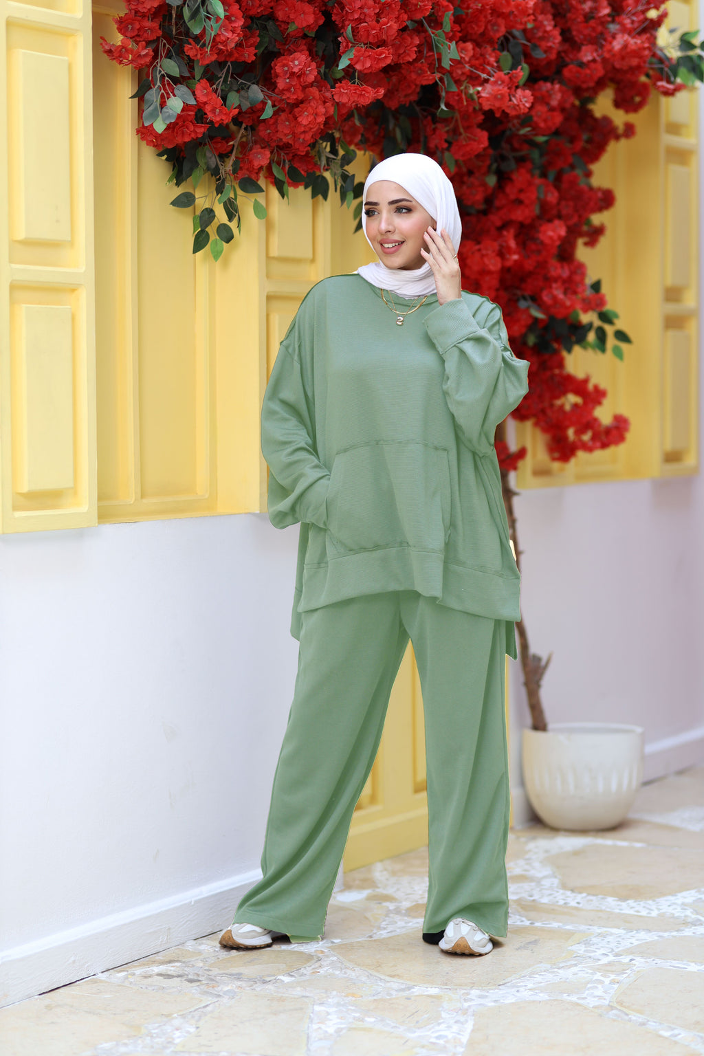 Mint Textured Modest Lounge Set | Oversized Top & Wide-Leg Pants | Revert