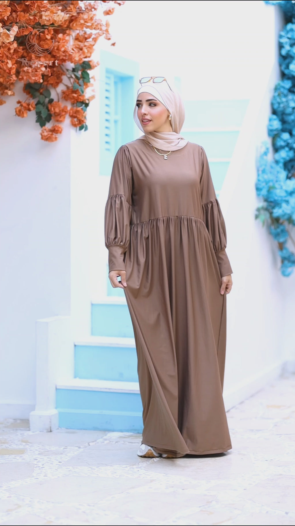 Puffy Sleeve Modest Maxi Dress – Premium Flow & Comfort - Cappuccino Brown | Revert