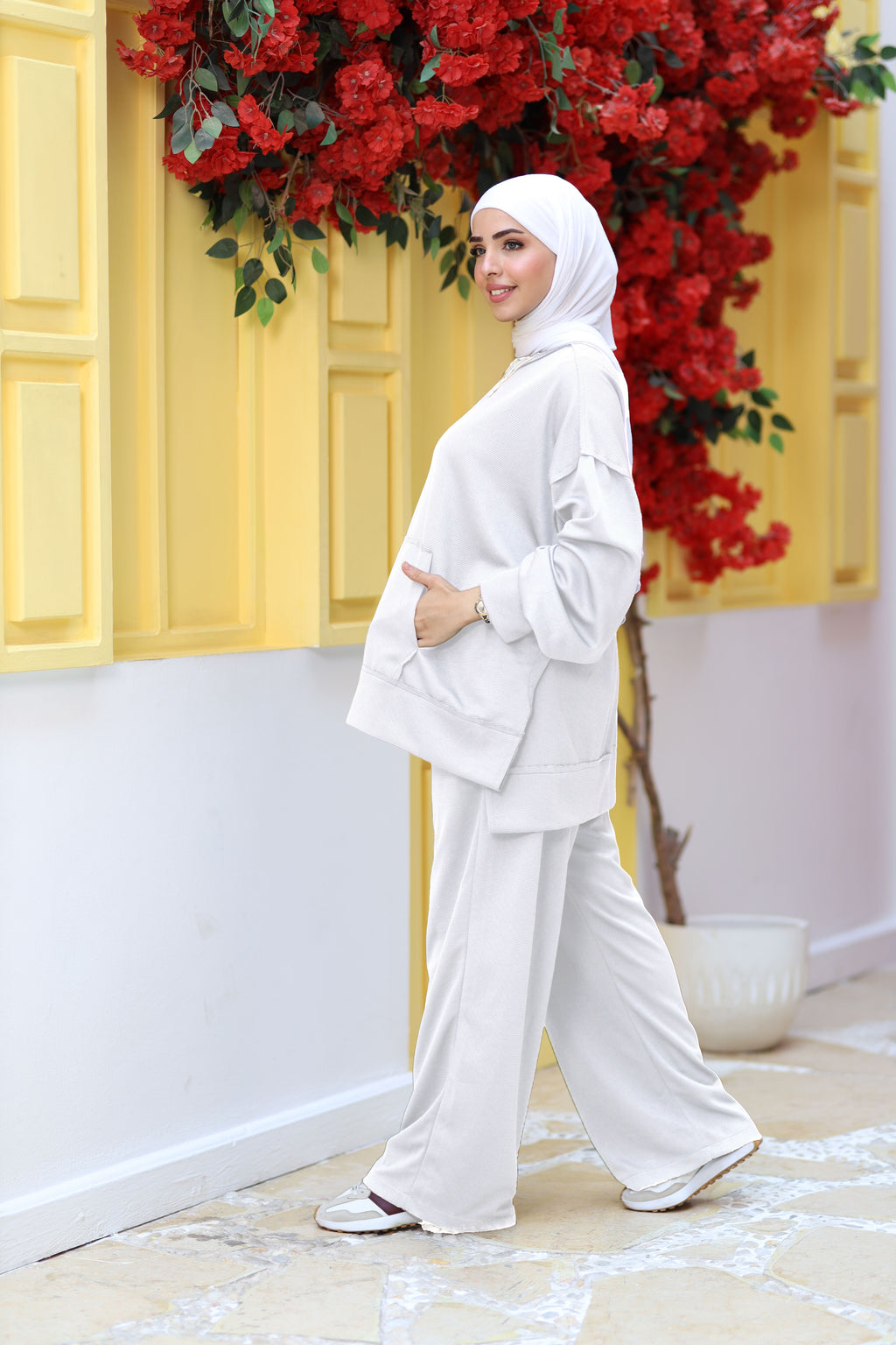 White Textured Modest Lounge Set | Oversized Top & Wide-Leg Pants | Revert